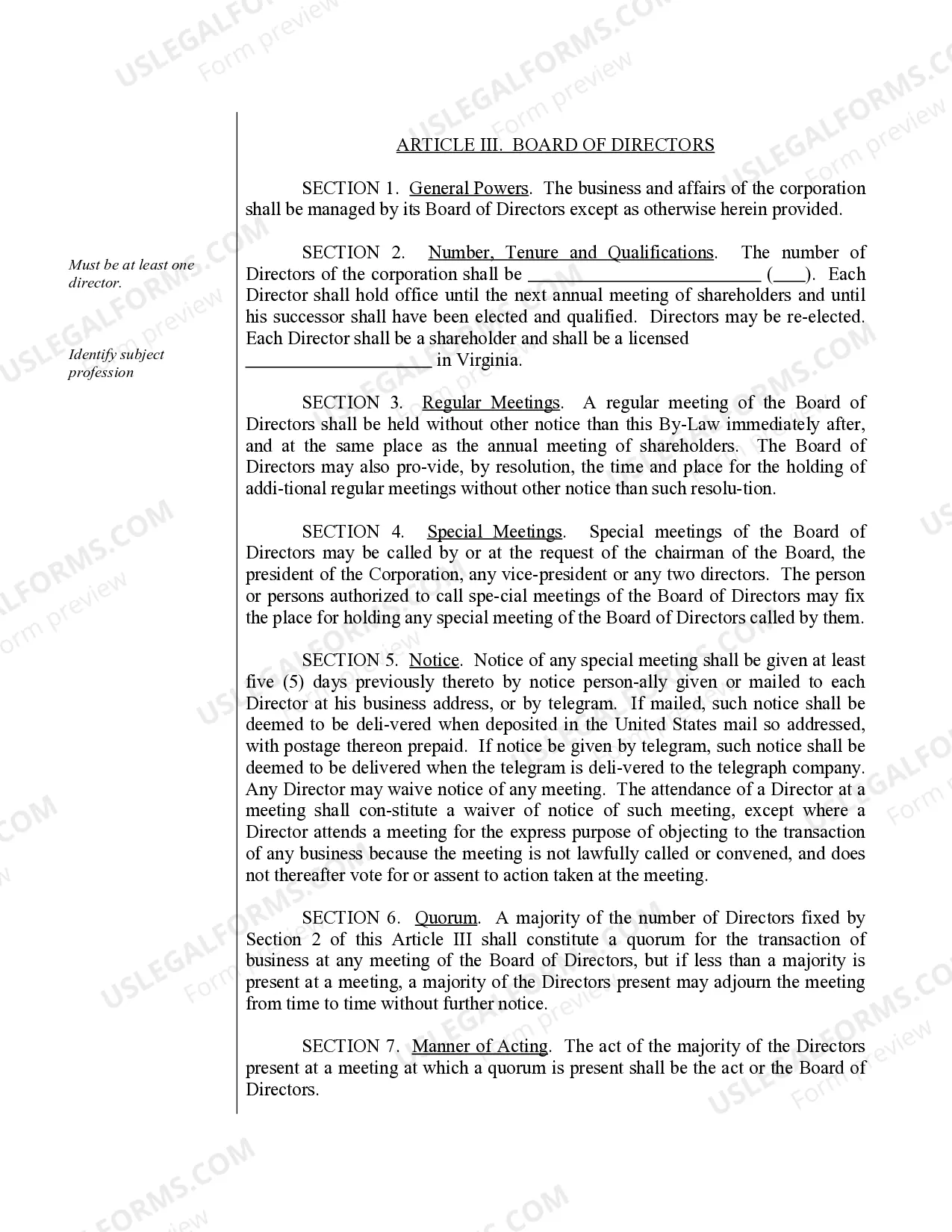 Preview Sample Bylaws for a Virginia Professional Corporation