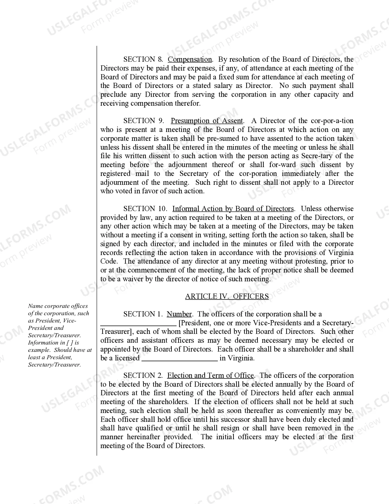 Preview Sample Bylaws for a Virginia Professional Corporation