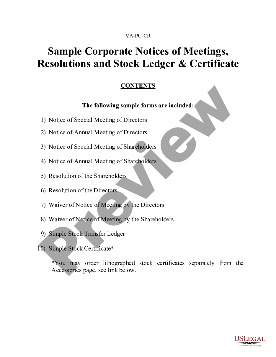 page 0 Sample Corporate Records for a Virginia Professional Corporation preview