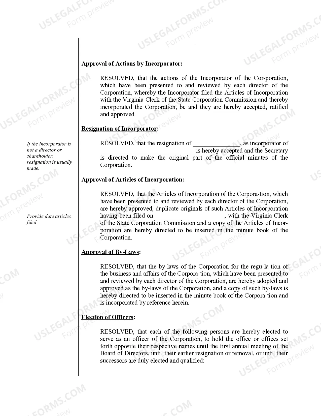 Preview Organizational Minutes for a Virginia Professional Corporation