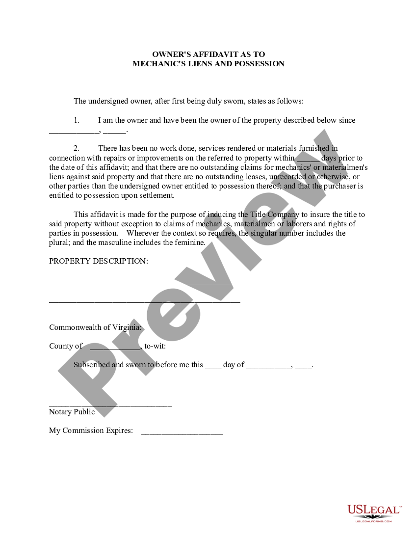 Virginia Owner's Affidavit as to Mechanic's Liens and Possession | US ...