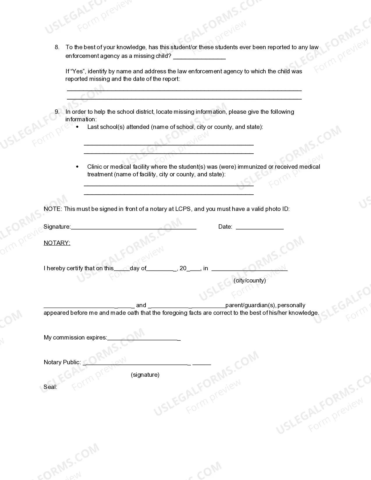 Preview Affidavit for Missing Enrollment Documentation