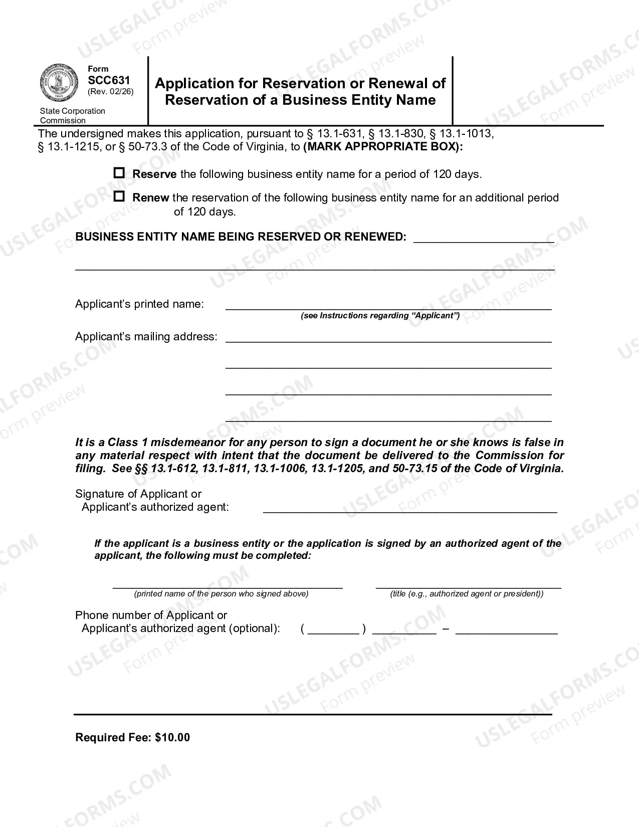 Preview Application For Reservation Or For Renewal of Reservation of Name