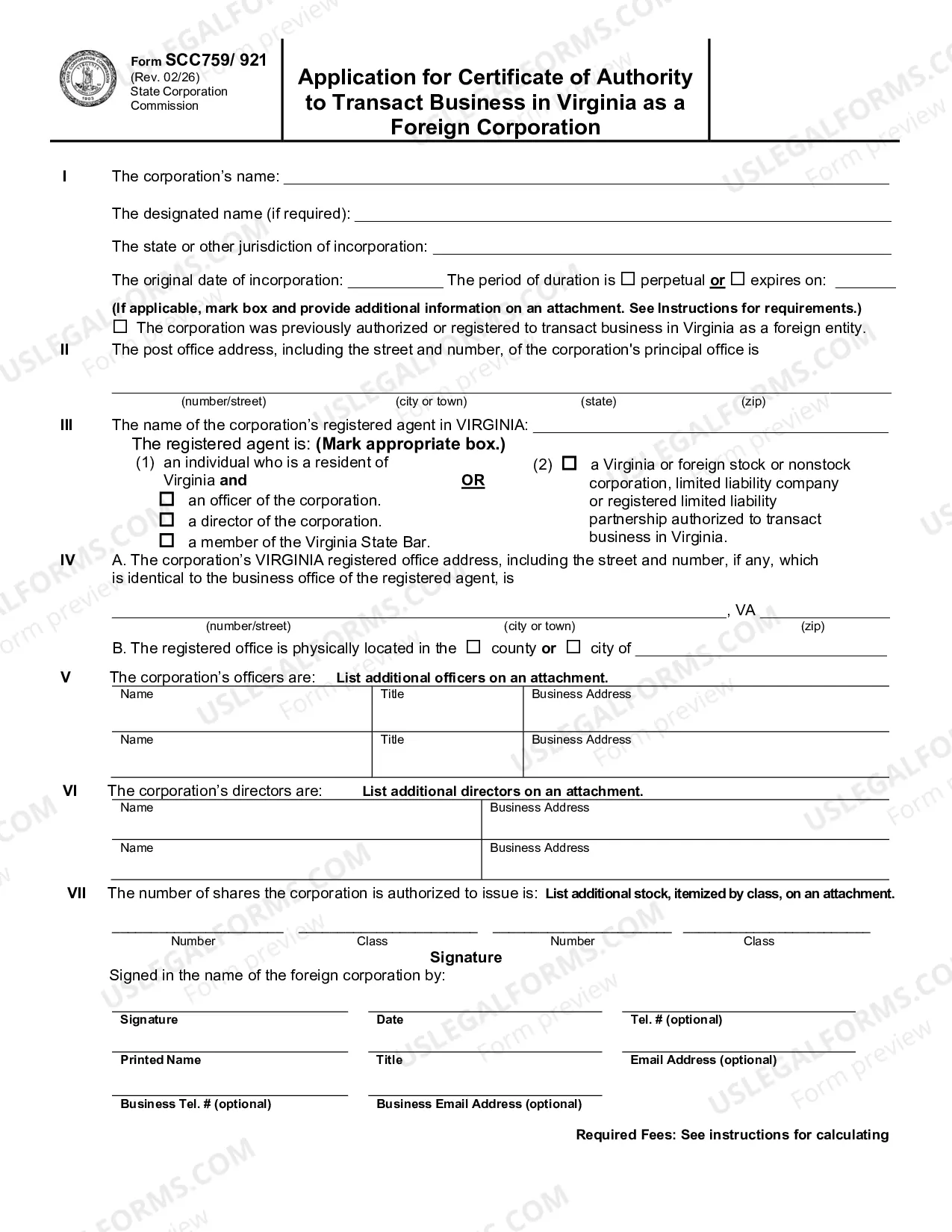 Preview Application for a Certificate of Authority to Transact Business in Virginia