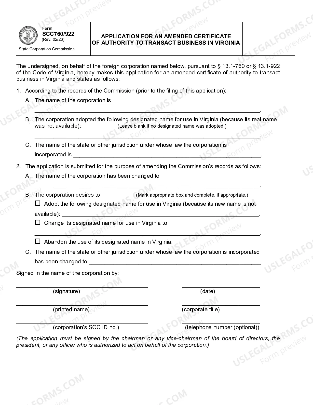 Preview Application for an Amended Certificate of Authority to Transact Business in Virginia