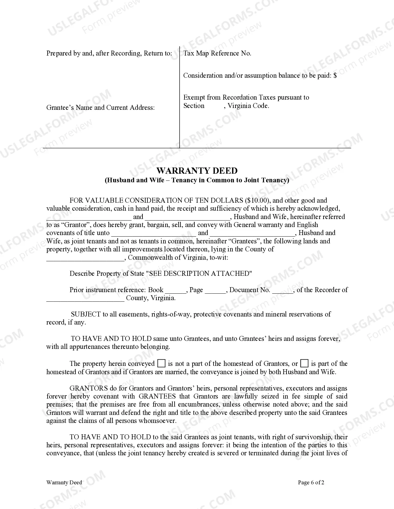 Preview Warranty Deed for Husband and Wife Converting Property from Tenants in Common to Joint Tenancy