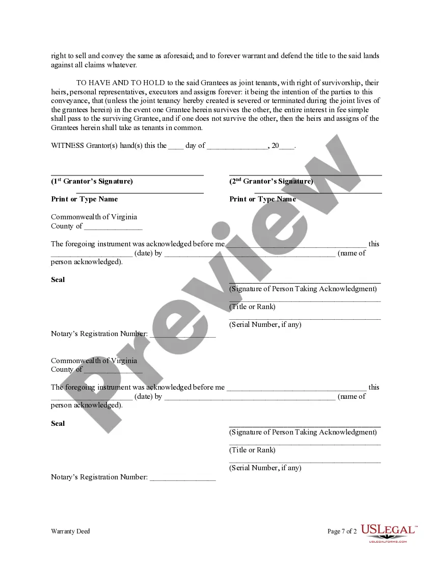 Preview Warranty Deed for Separate or Joint Property to Joint Tenancy