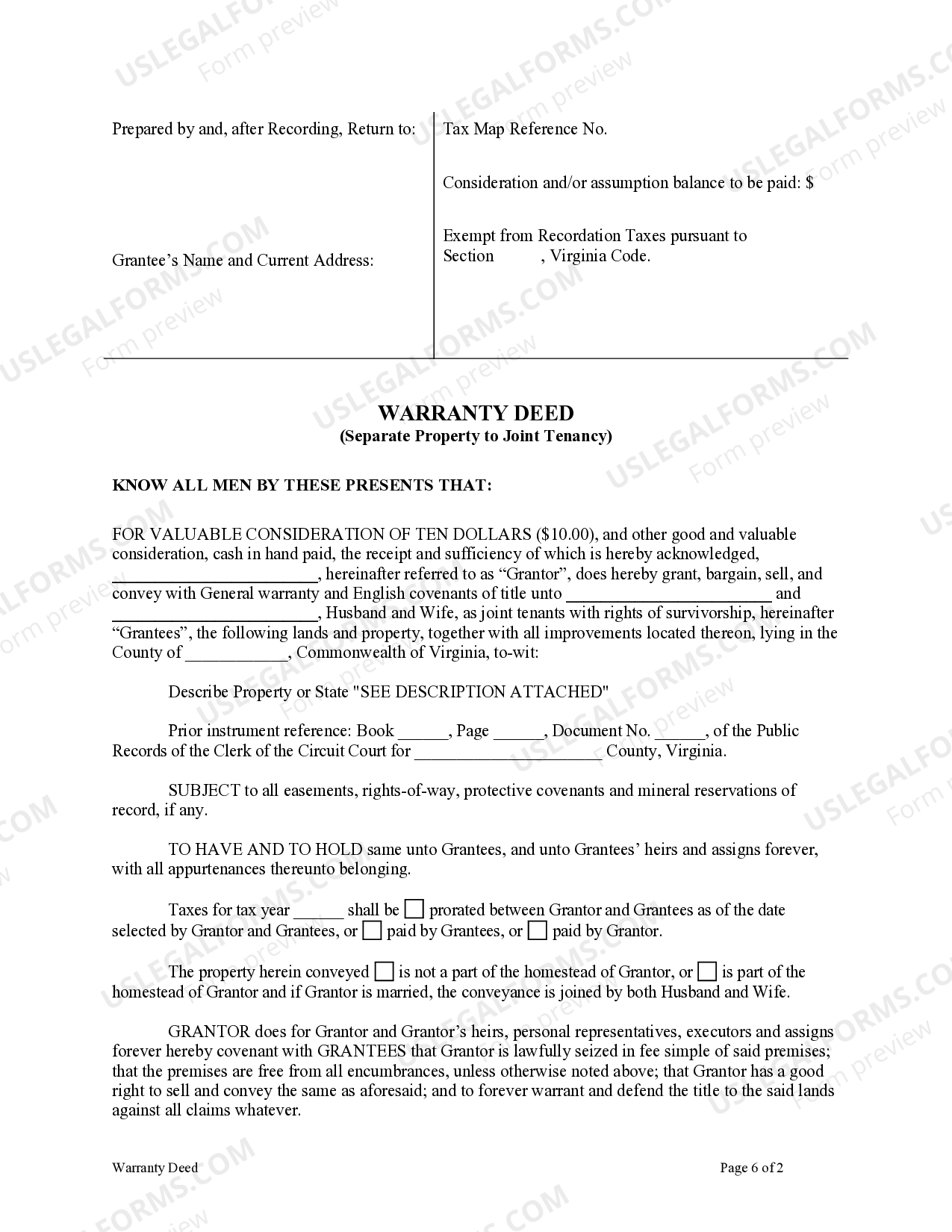 Virginia Warranty Deed for Separate Property of one Spouse to both as