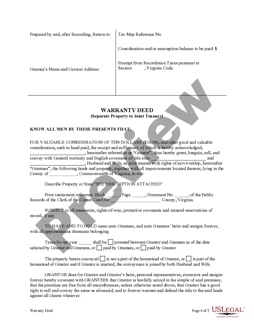 Get Warranty Deed for Separate Property of one Spouse to both as Joint Tenants Preview Warranty Deed for Separate Property of one Spouse to both as Joint Tenants