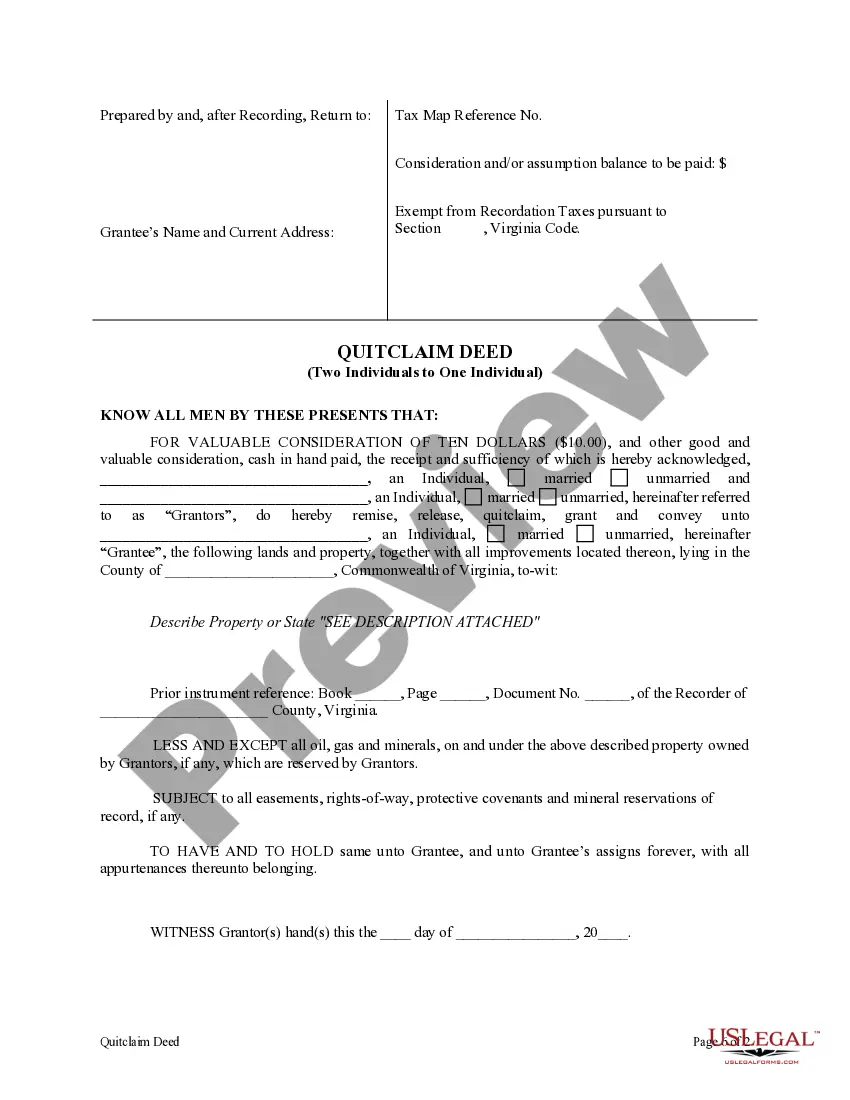 Preview Quitclaim Deed for From Two Individuals to One Individual