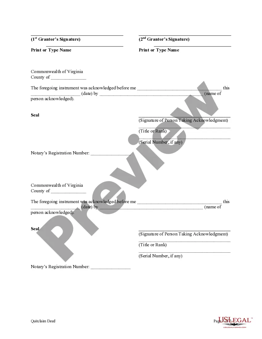 Preview Quitclaim Deed for From Two Individuals to One Individual