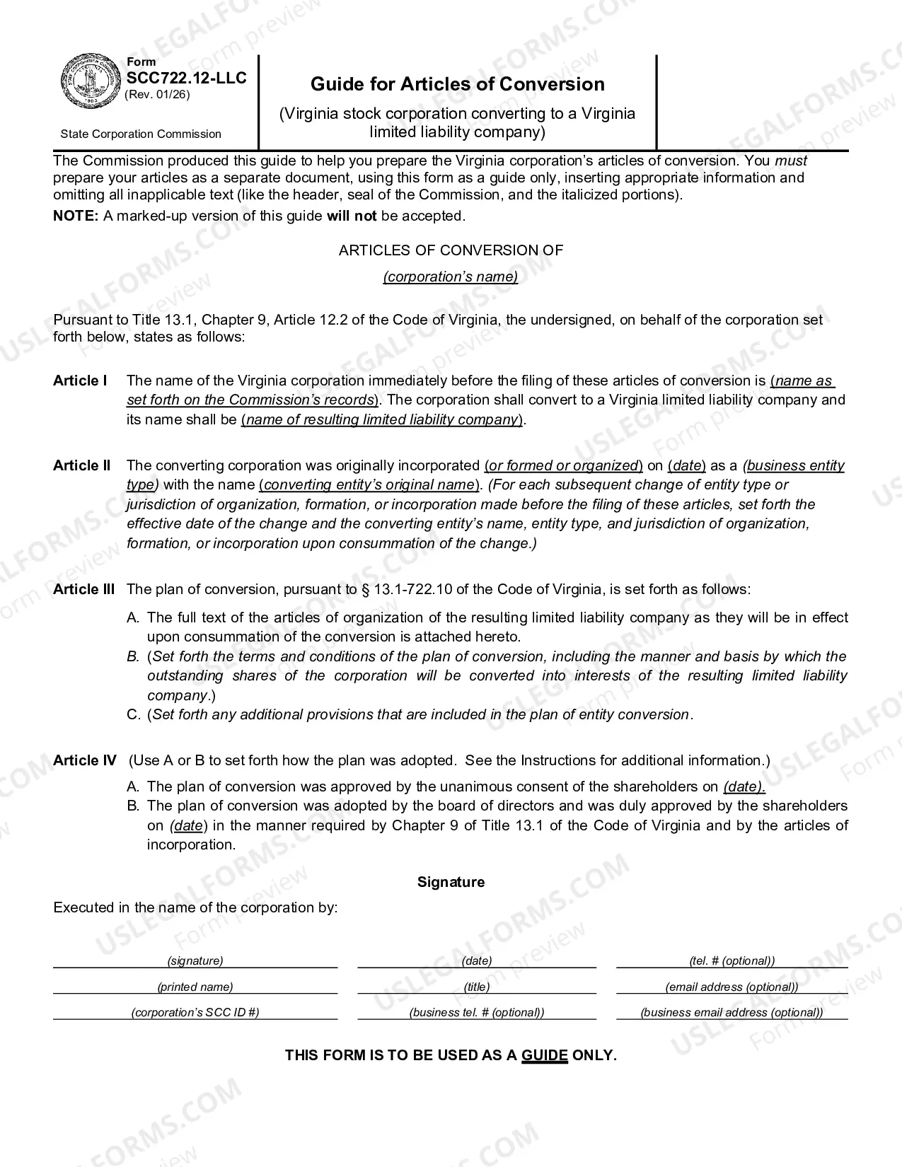 Preview Guide For Articles of Entity Conversion Virginia Corporation Converting To A Virginia LLC