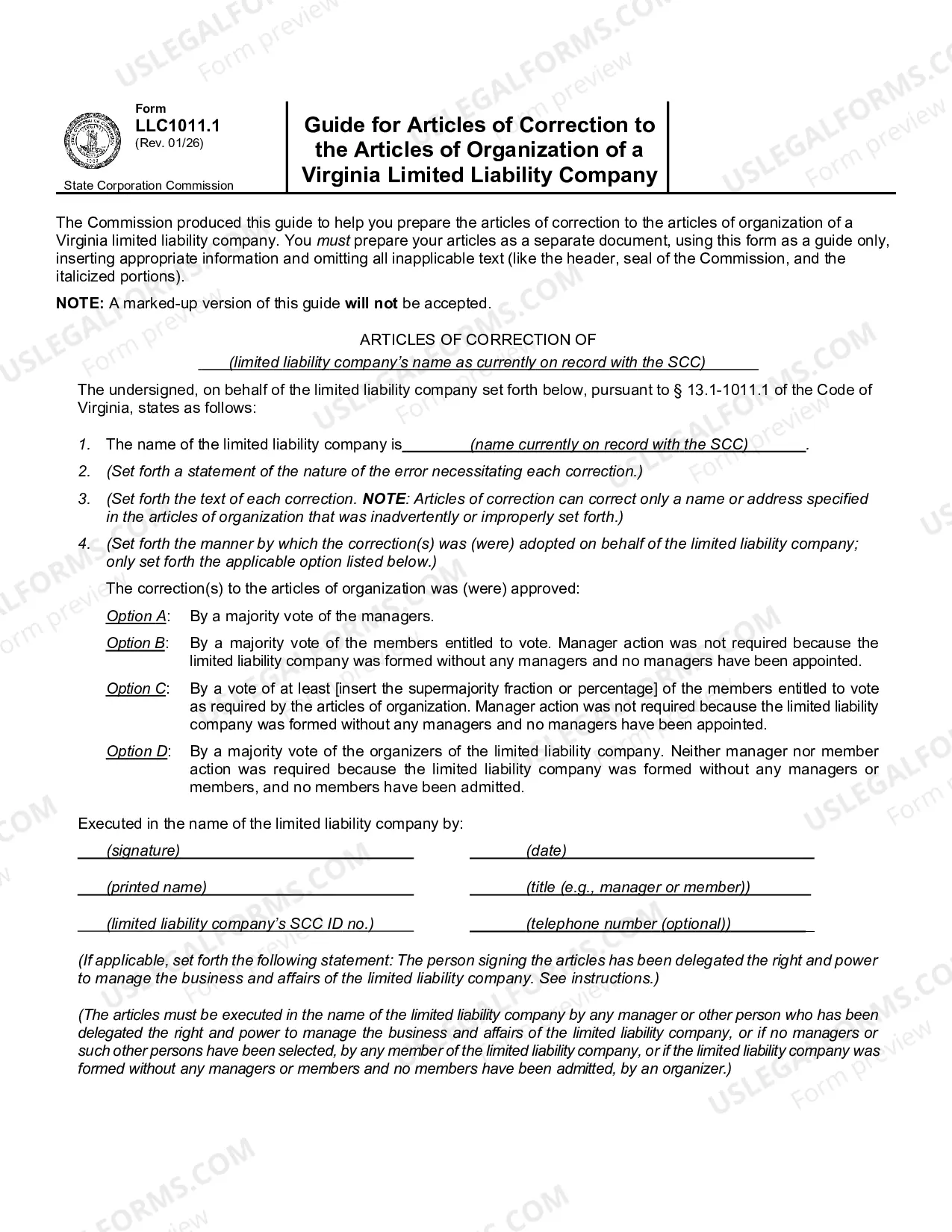 Preview Guide for Articles of Correction to the Articles of Organization of a Domestic Limited Liability Company