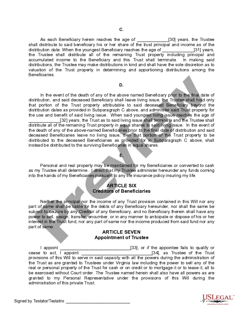 Preview Last Will and Testament for a Single Person with Minor Children