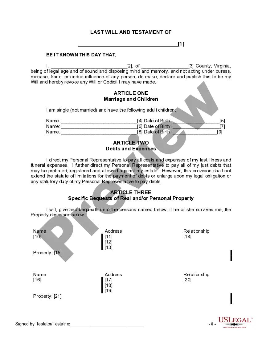 Preview Last Will and Testament for Single Person with Adult Children