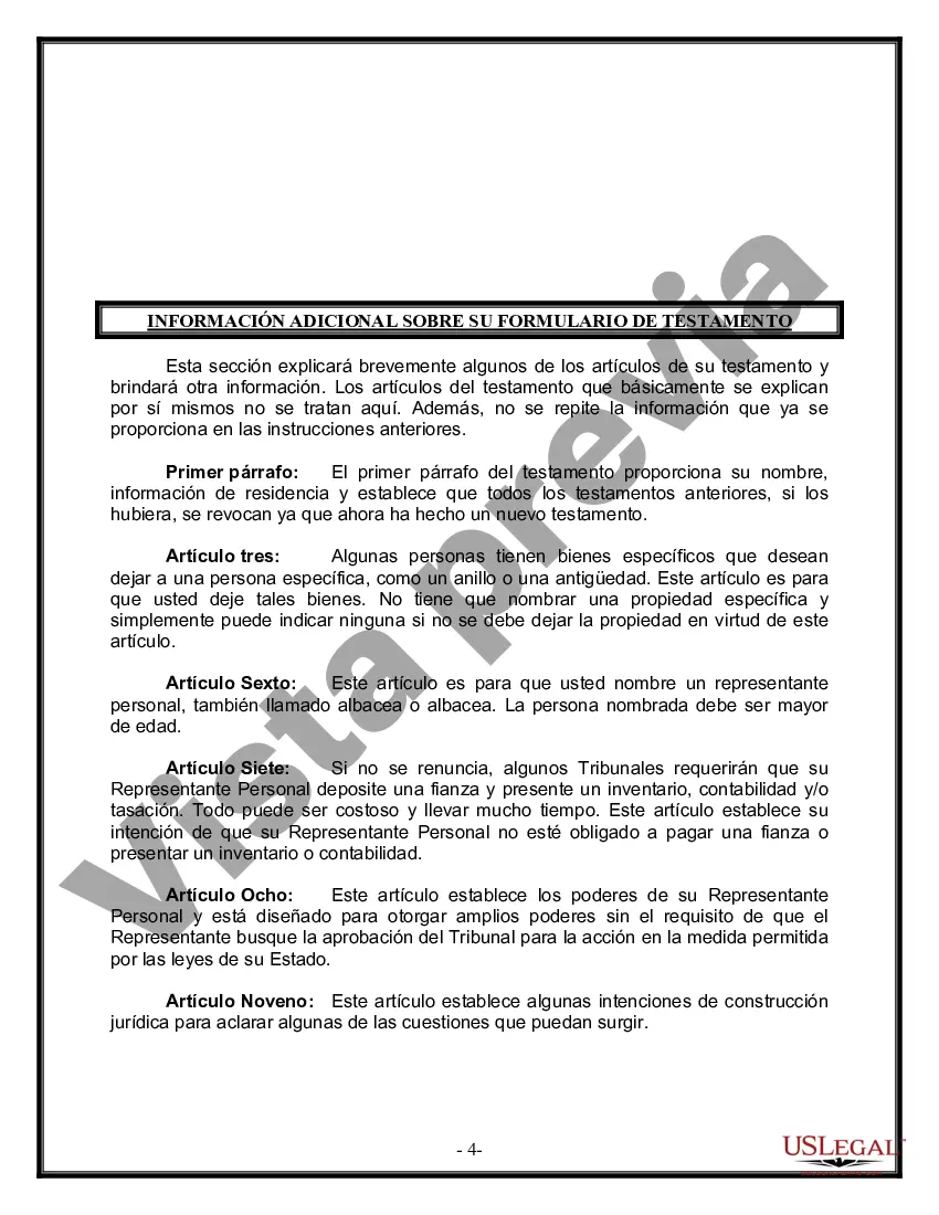 Preview Formulario de última voluntad y testamento legal para personas divorciadas que no se han vuelto a casar con hijos adultos