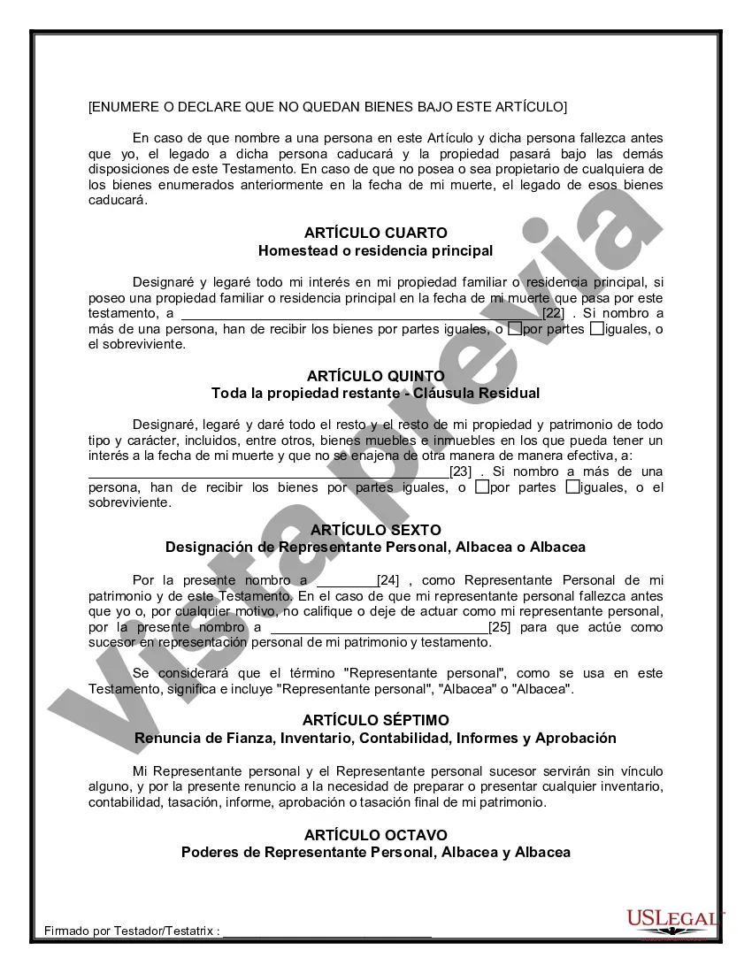 Preview Formulario de última voluntad y testamento legal para personas divorciadas que no se han vuelto a casar y no tienen hijos