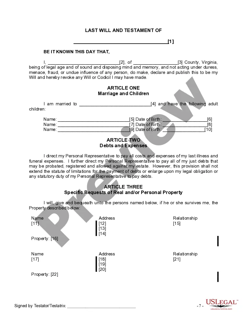 Preview Last Will and Testament for Married person with Adult Children
