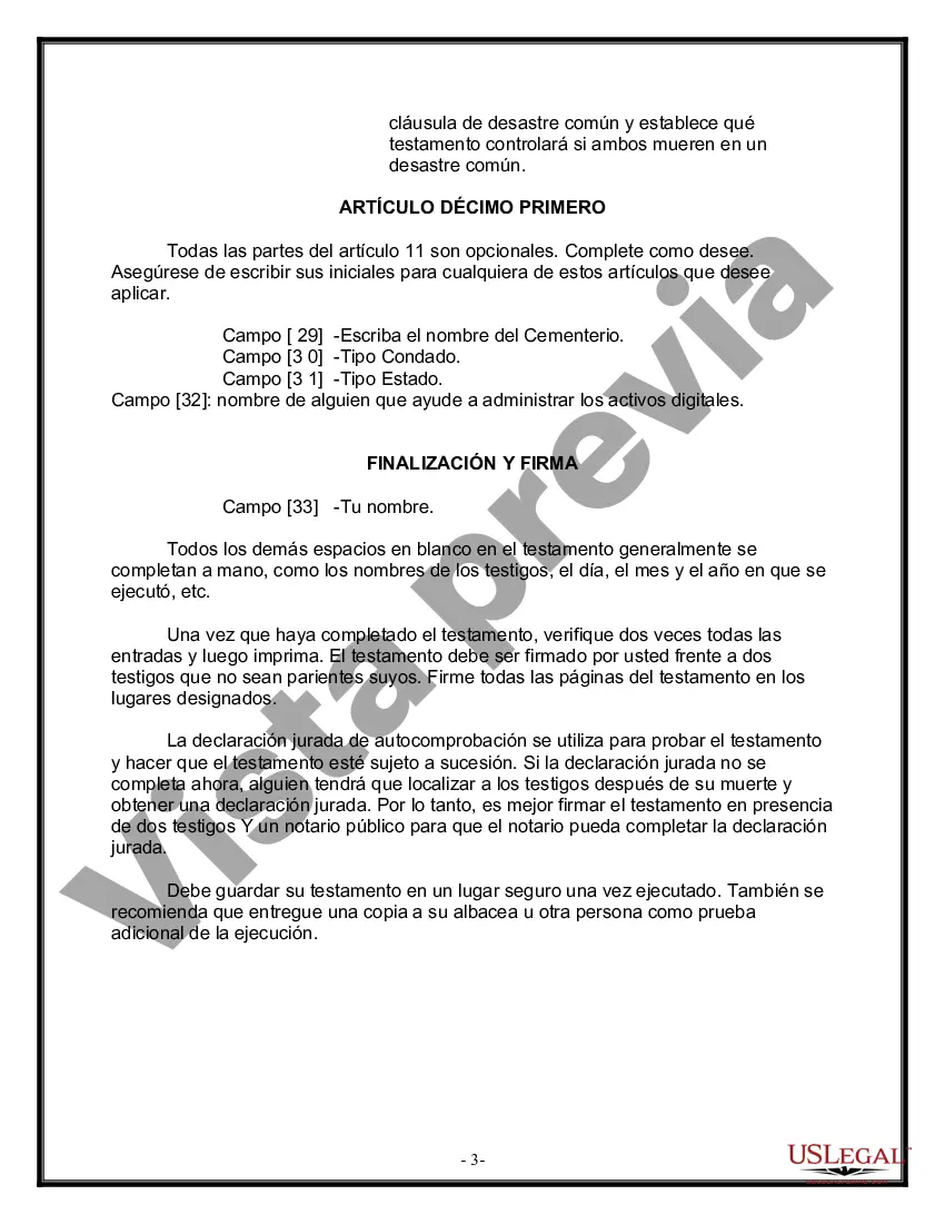 Preview Formulario de última voluntad y testamento legal para una persona casada sin hijos