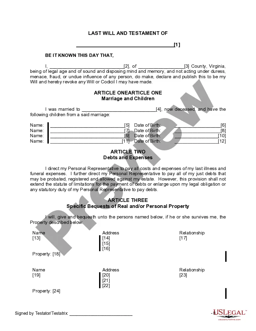 Preview Last Will and Testament for a Widow or Widower with Adult and Minor Children