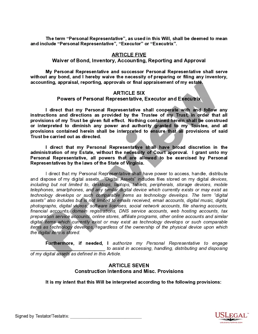 Preview Last Will and Testament with All Property to Trust called a Pour Over Will