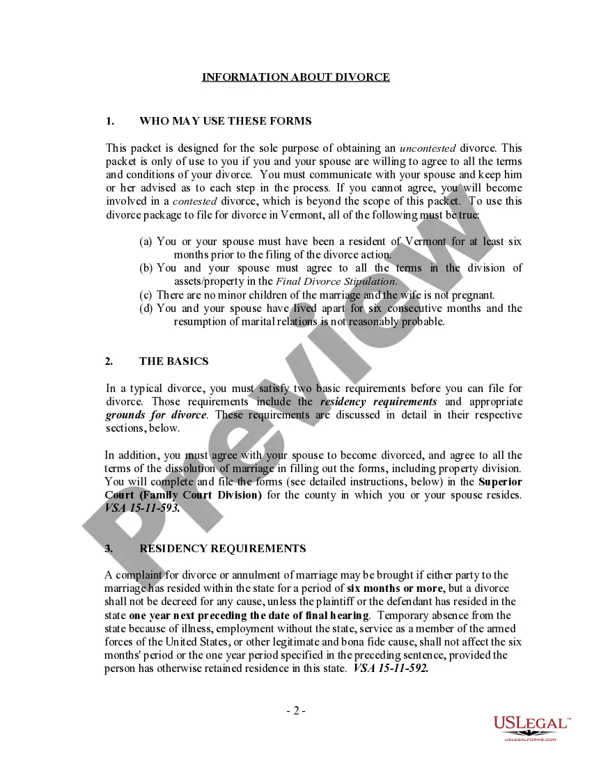 Preview Vermont No-Fault Uncontested Agreed Divorce Package for Dissolution of Marriage with Adult Children and with or without Property and Debts