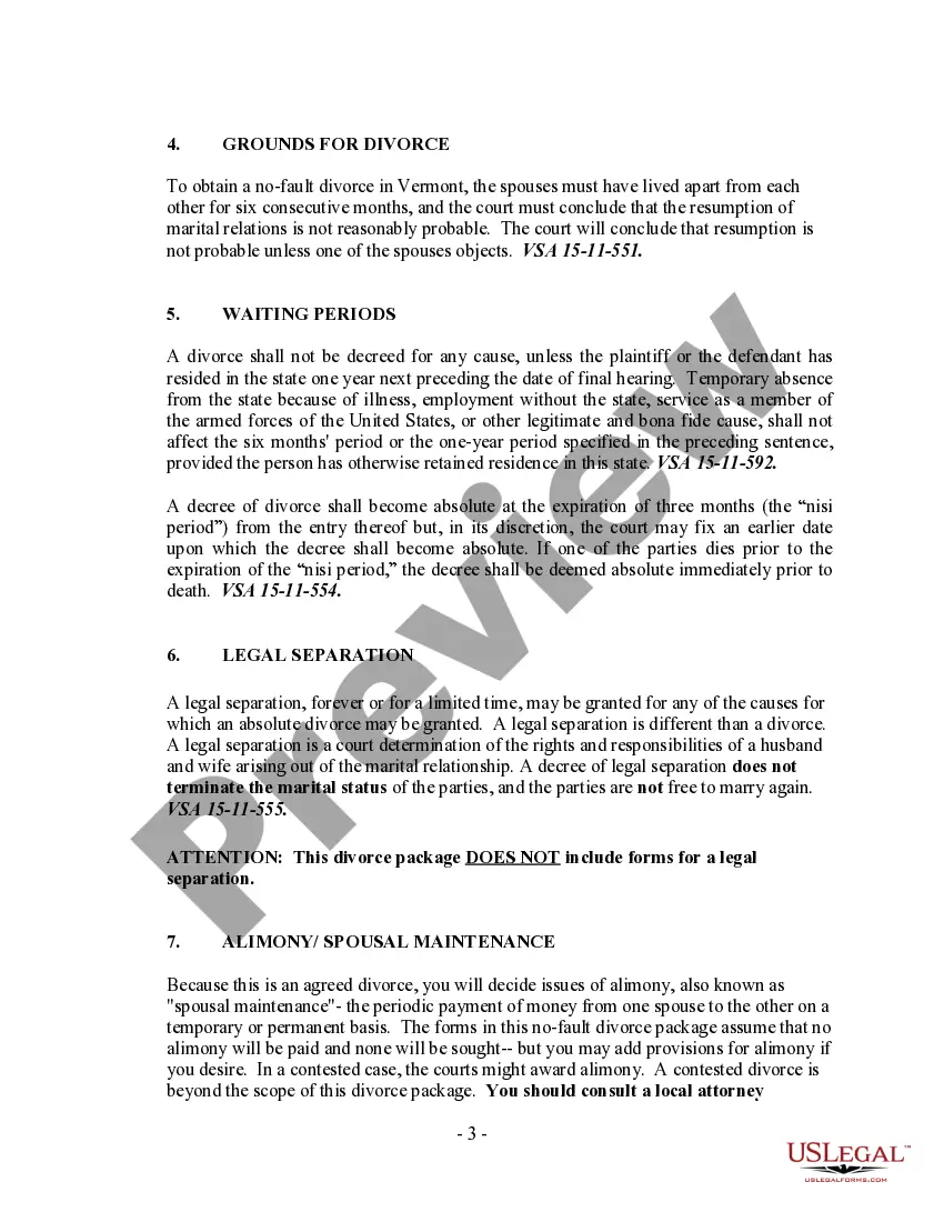 Preview Vermont No-Fault Uncontested Agreed Divorce Package for Dissolution of Marriage with Adult Children and with or without Property and Debts