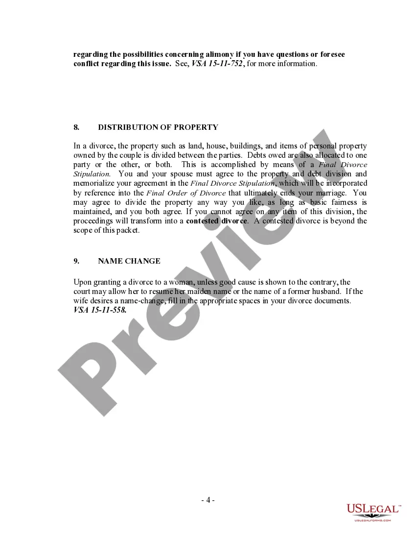 Preview Vermont No-Fault Uncontested Agreed Divorce Package for Dissolution of Marriage with Adult Children and with or without Property and Debts