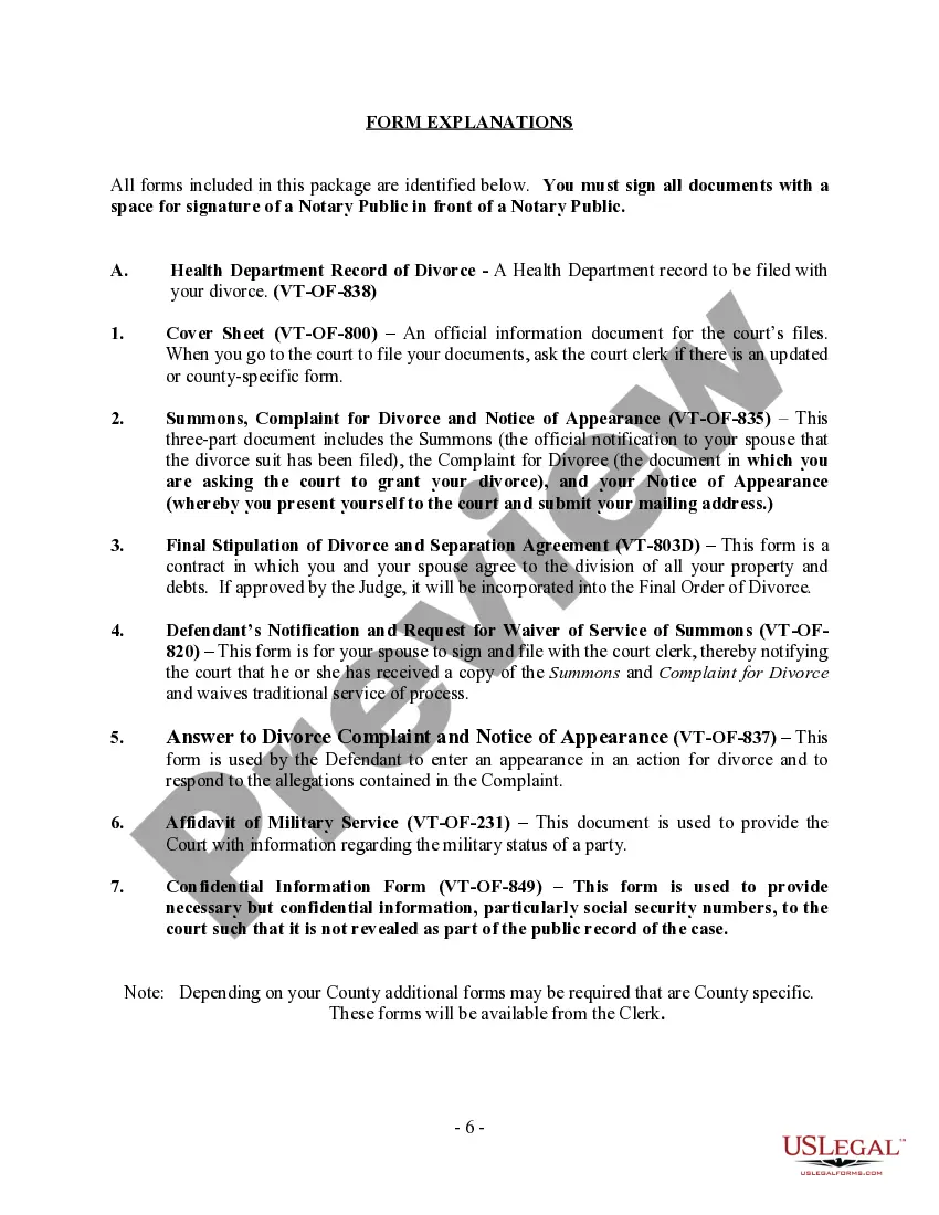 Preview Vermont No-Fault Uncontested Agreed Divorce Package for Dissolution of Marriage with Adult Children and with or without Property and Debts