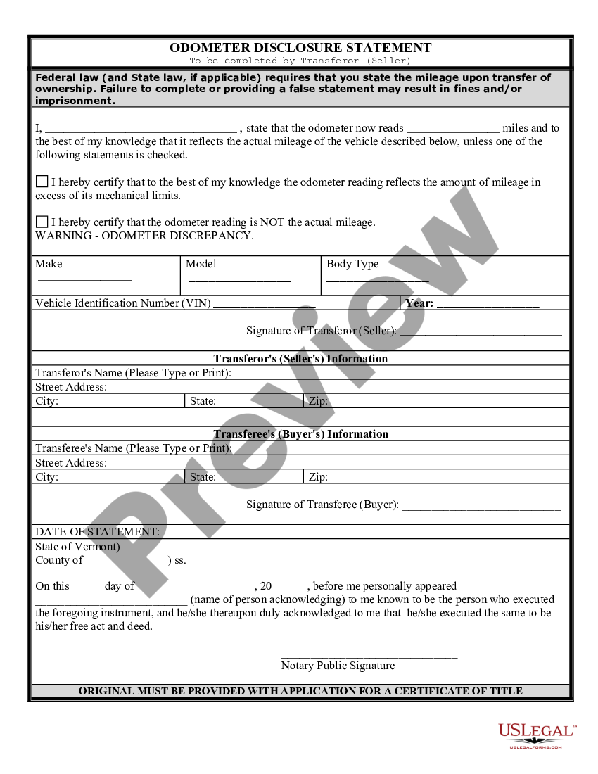 Vermont Bill Of Sale For Automobile Or Vehicle Including Odometer Statement And Promissory Note 8926