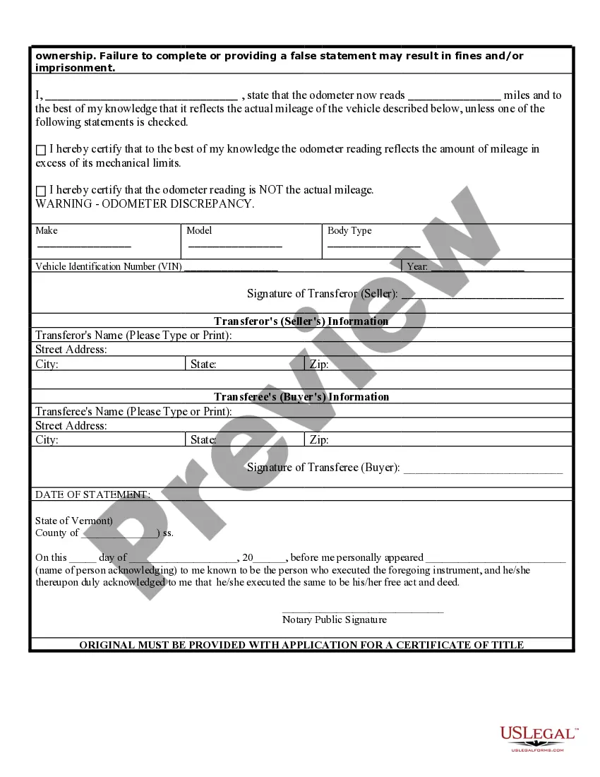 Preview Bill of Sale of Automobile and Odometer Statement