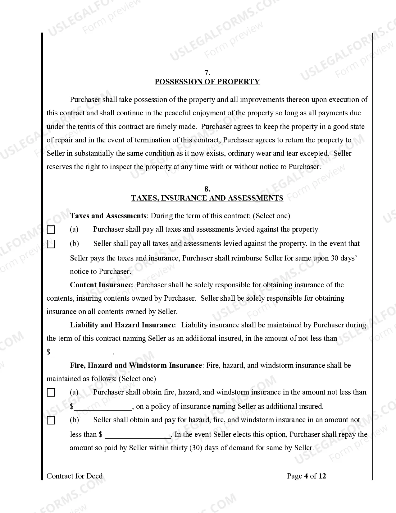 Preview Agreement or Contract for Deed for Sale and Purchase of Real Estate a/k/a Land or Executory Contract