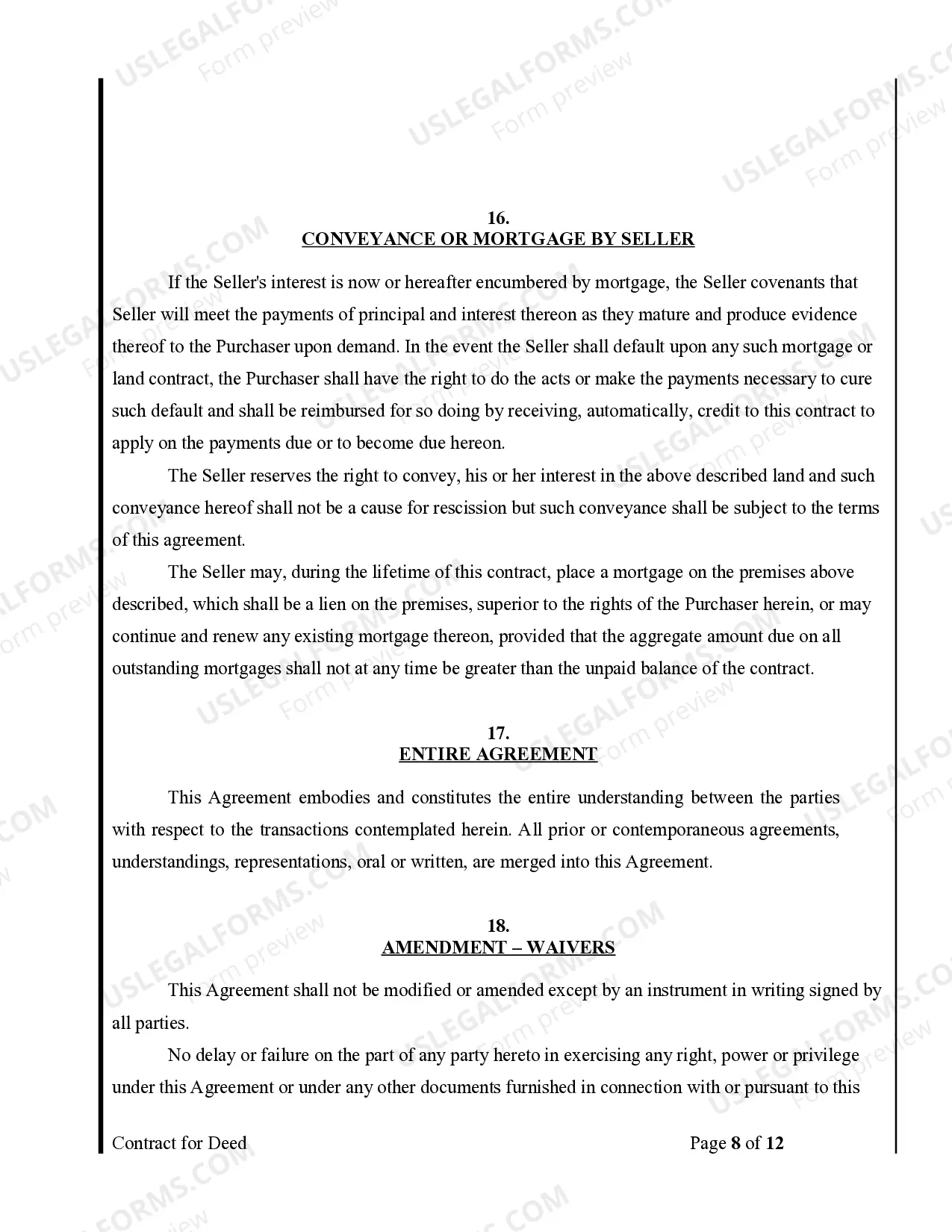 Preview Agreement or Contract for Deed for Sale and Purchase of Real Estate a/k/a Land or Executory Contract