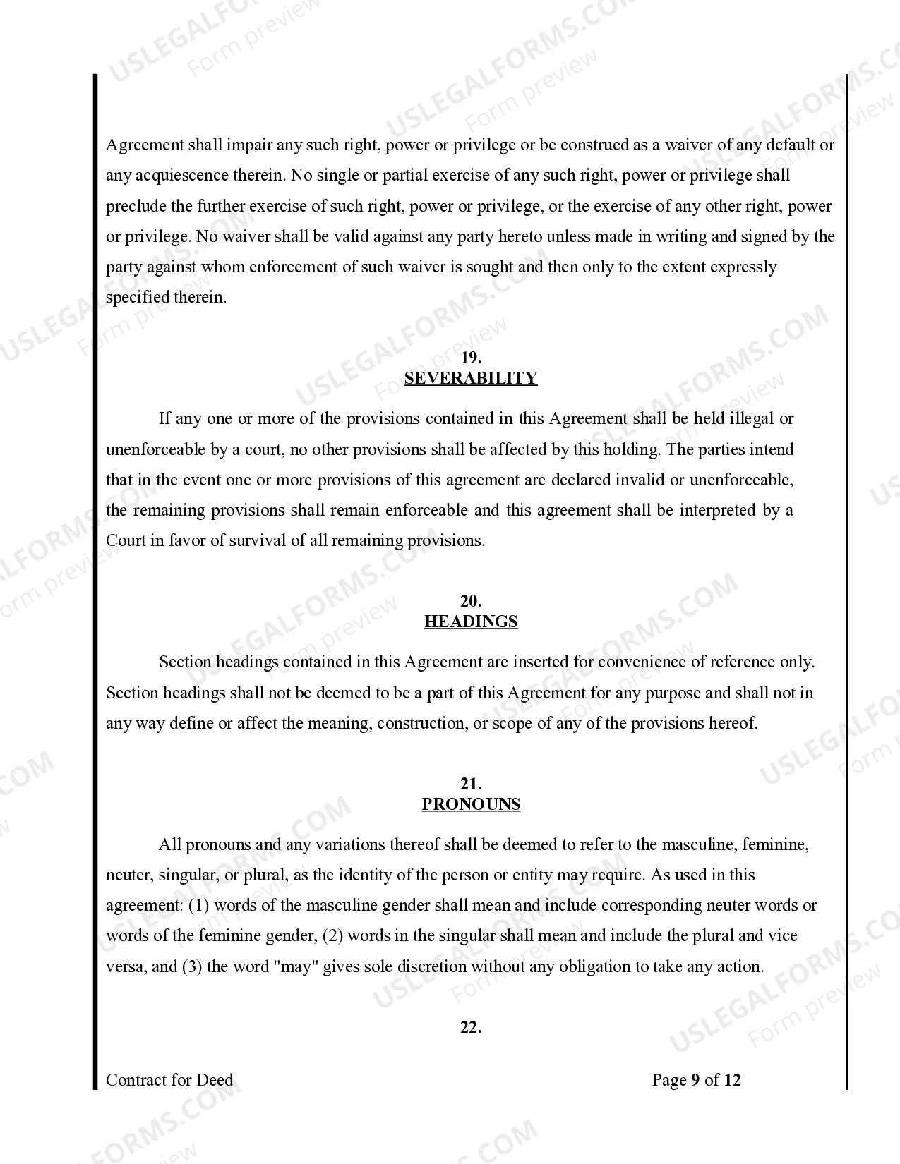 Preview Agreement or Contract for Deed for Sale and Purchase of Real Estate a/k/a Land or Executory Contract