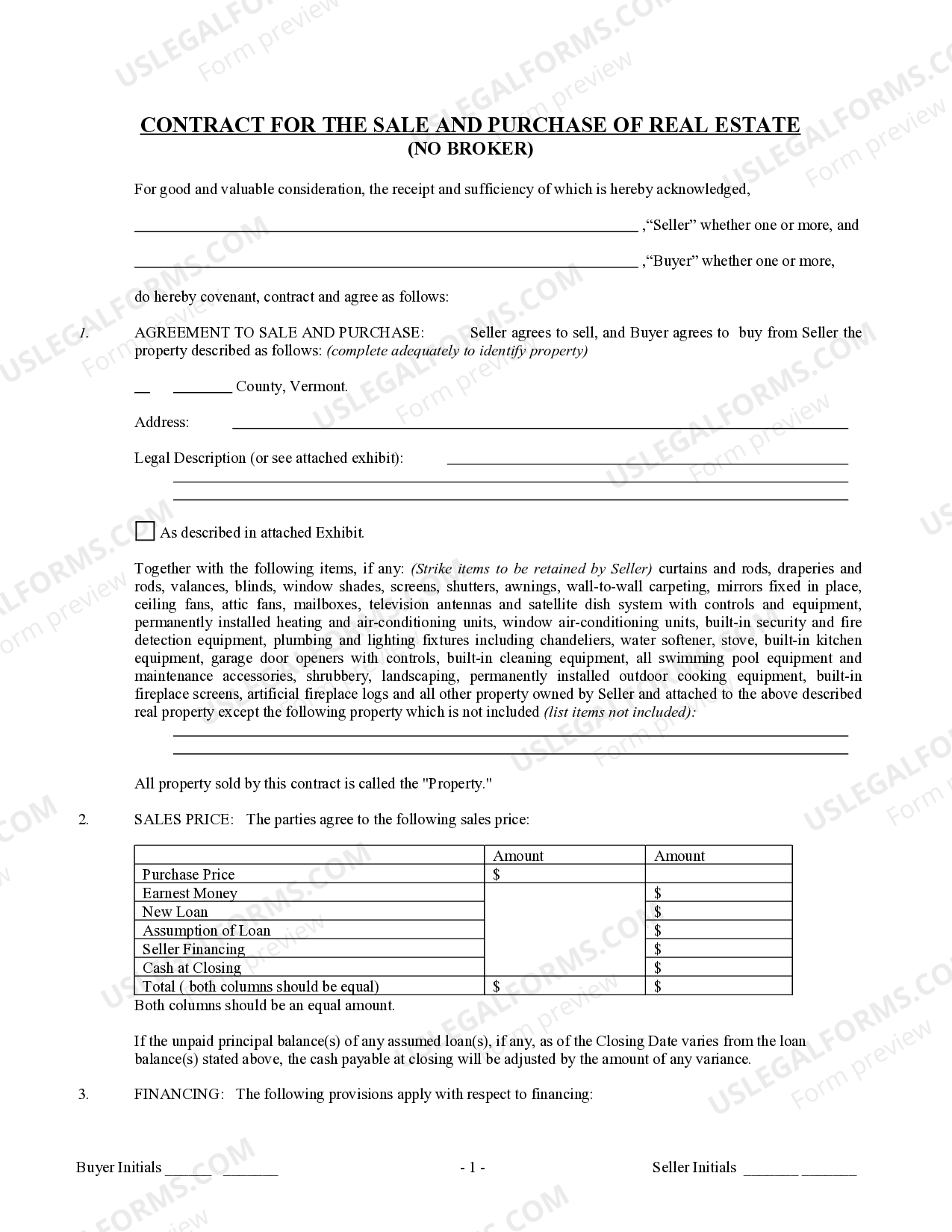 Vermont Contract for Sale and Purchase of Real Estate with No Broker