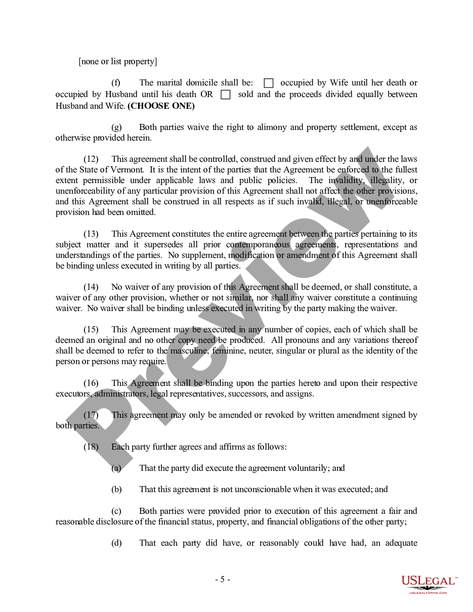 page 4 Vermont Prenuptial Premarital Agreement with Financial Statements preview