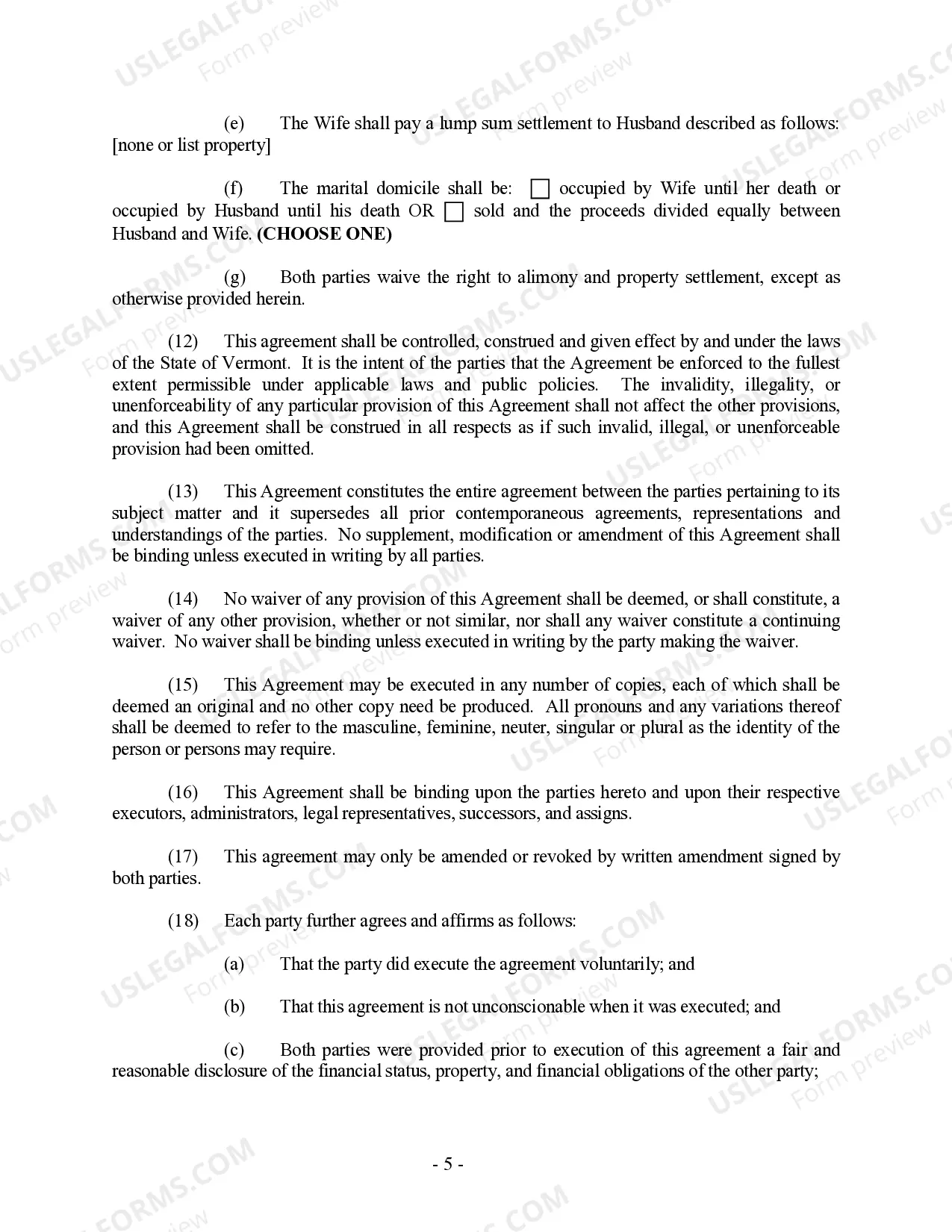 Preview Vermont Prenuptial Premarital Agreement with Financial Statements