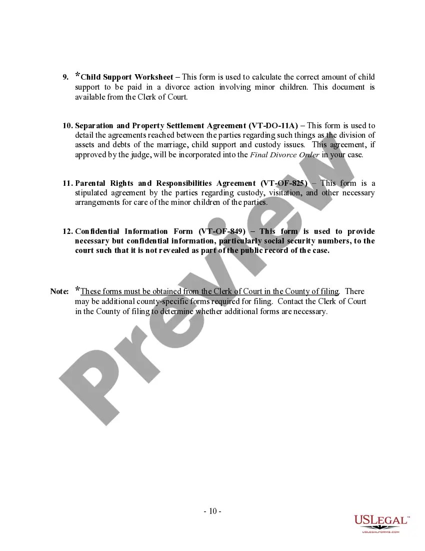 Preview Vermont No-Fault Agreed Uncontested Divorce Package for Dissolution of Marriage for people with Minor Children