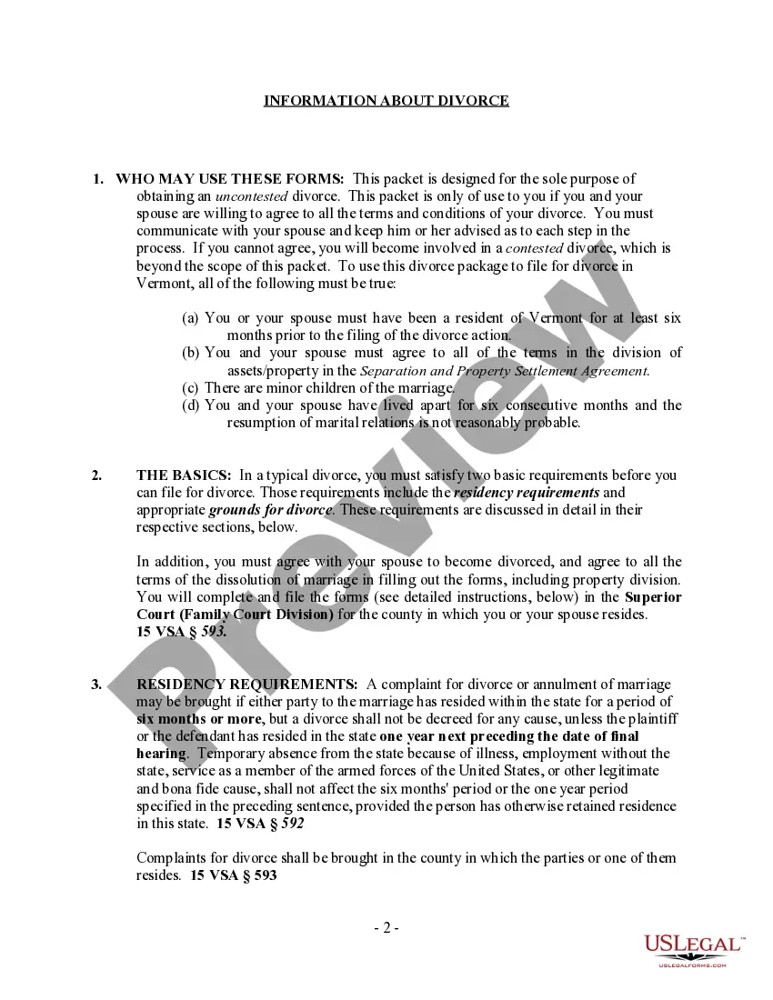 Preview Vermont No-Fault Agreed Uncontested Divorce Package for Dissolution of Marriage for people with Minor Children