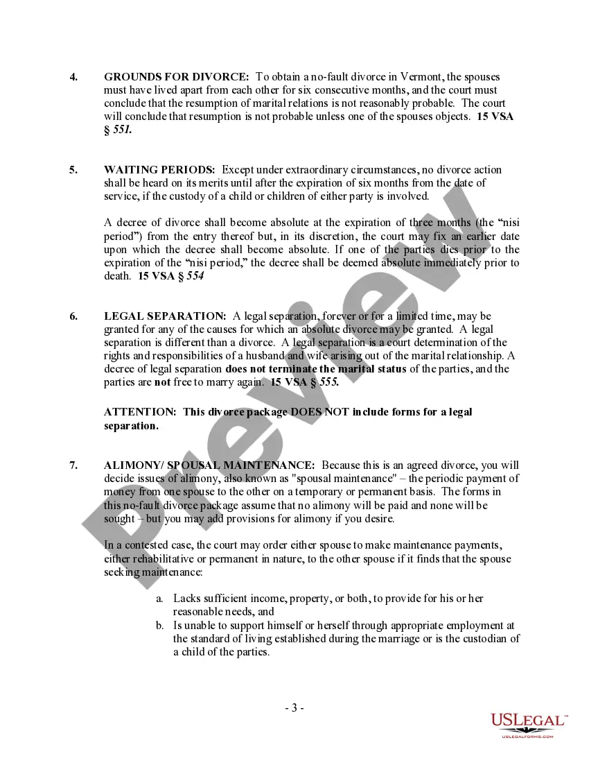 Preview Vermont No-Fault Agreed Uncontested Divorce Package for Dissolution of Marriage for people with Minor Children