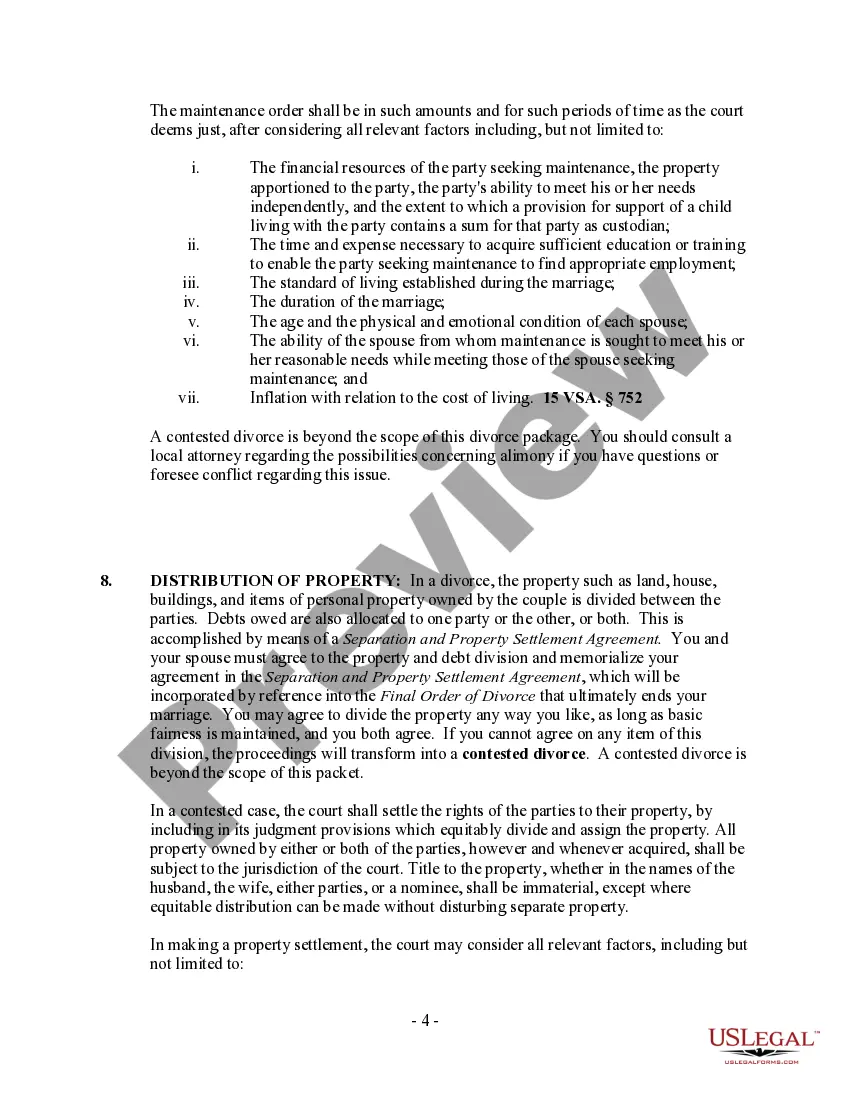 Preview Vermont No-Fault Agreed Uncontested Divorce Package for Dissolution of Marriage for people with Minor Children