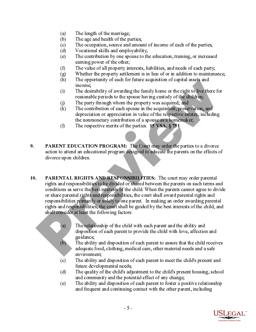 Preview Vermont No-Fault Agreed Uncontested Divorce Package for Dissolution of Marriage for people with Minor Children