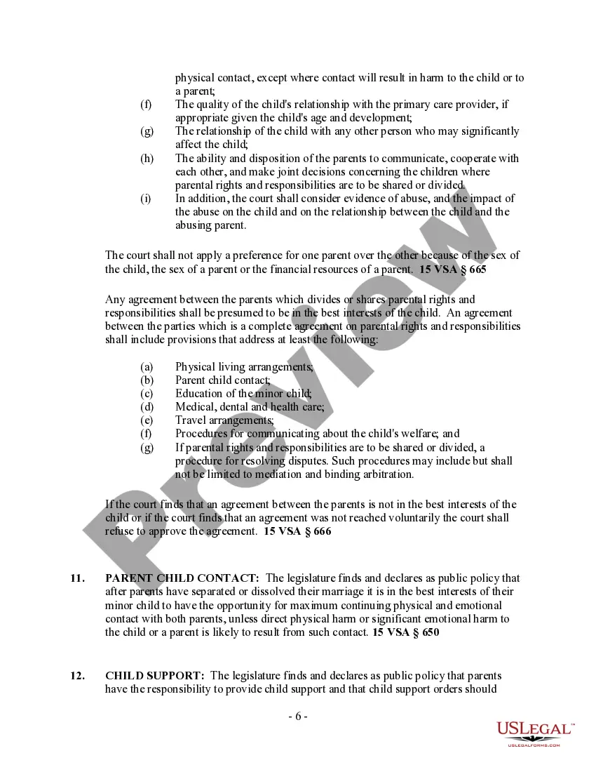 Preview Vermont No-Fault Agreed Uncontested Divorce Package for Dissolution of Marriage for people with Minor Children