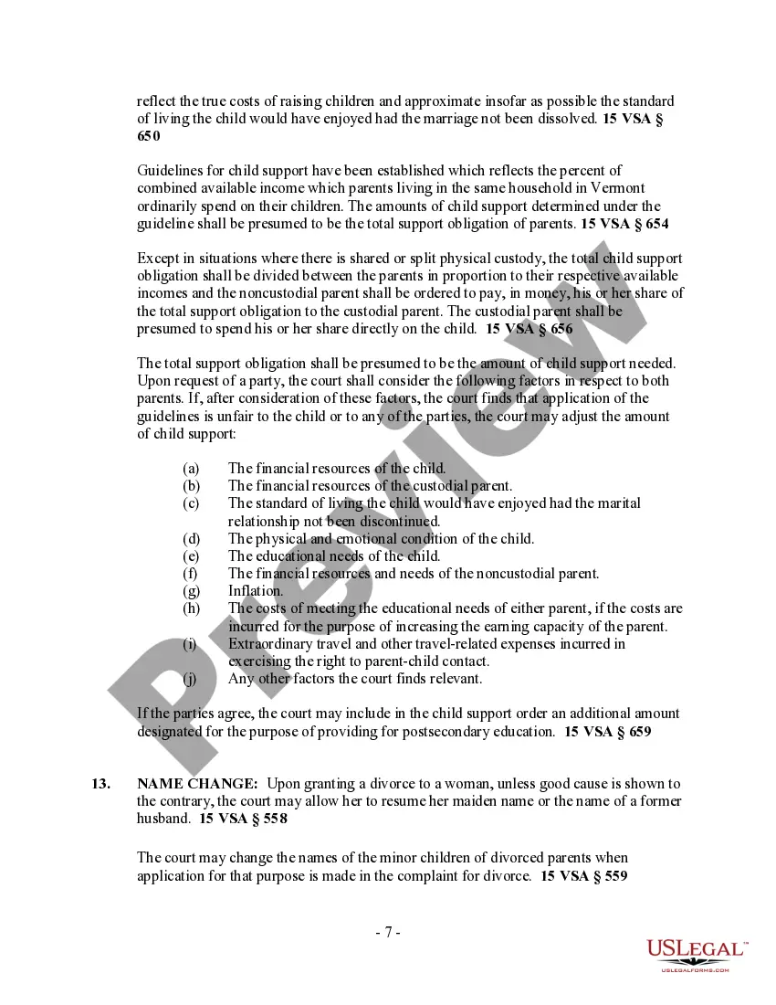 Preview Vermont No-Fault Agreed Uncontested Divorce Package for Dissolution of Marriage for people with Minor Children