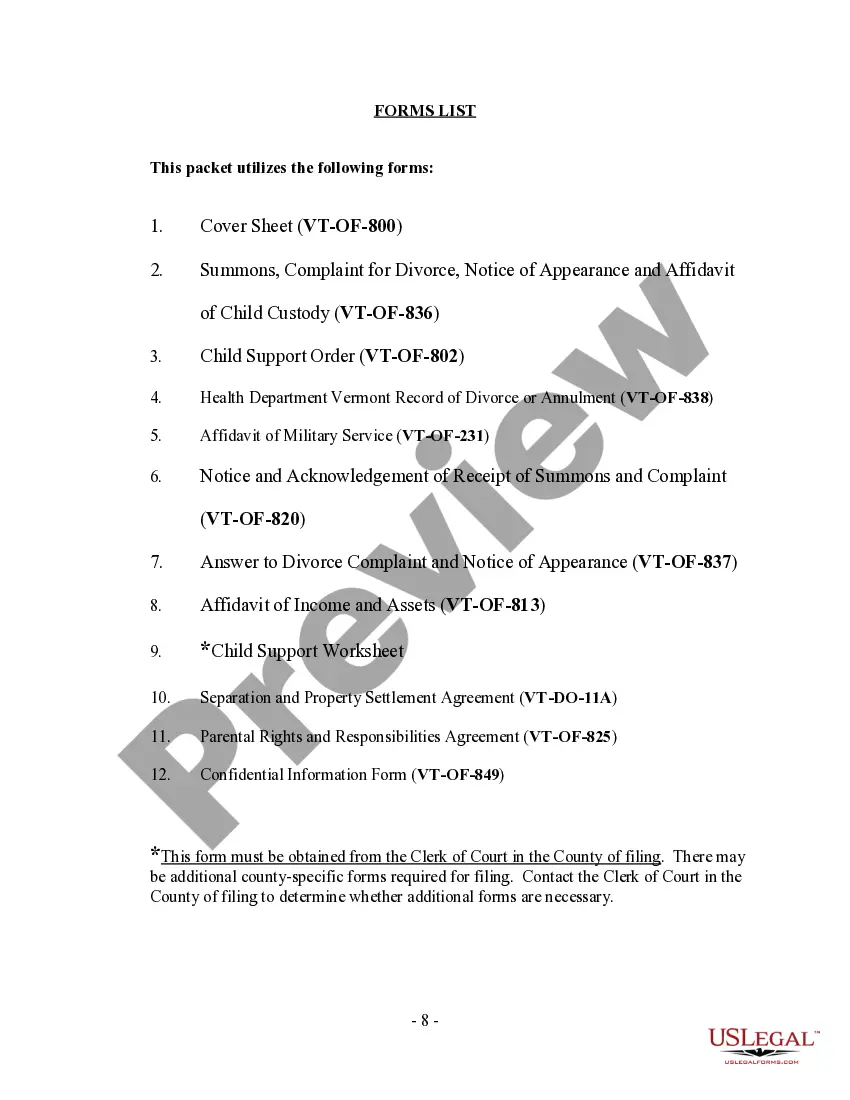 Preview Vermont No-Fault Agreed Uncontested Divorce Package for Dissolution of Marriage for people with Minor Children