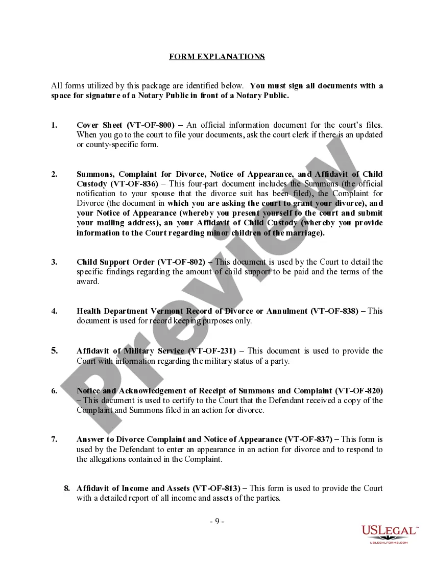 Preview Vermont No-Fault Agreed Uncontested Divorce Package for Dissolution of Marriage for people with Minor Children