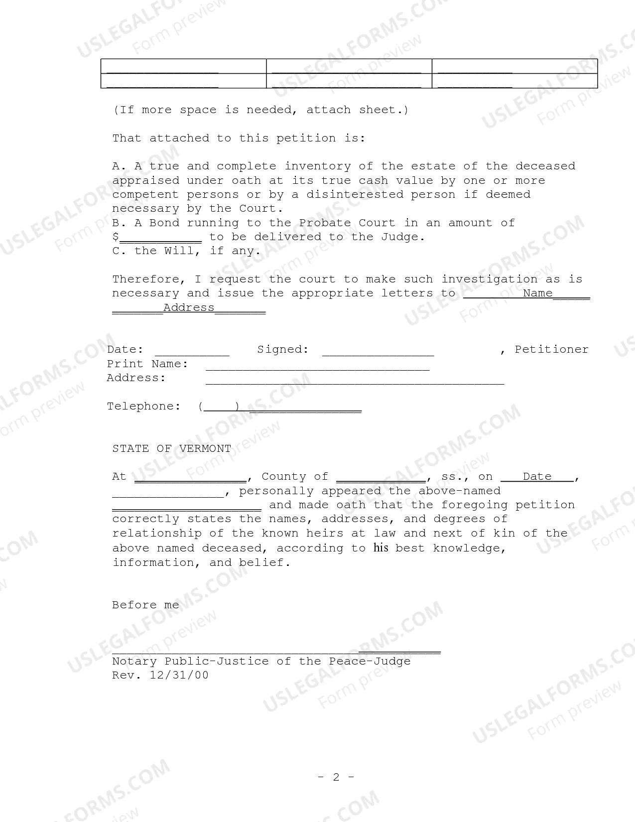 Preview Petition to Open a Small Estate under 14 V.S.A. Chapter 81