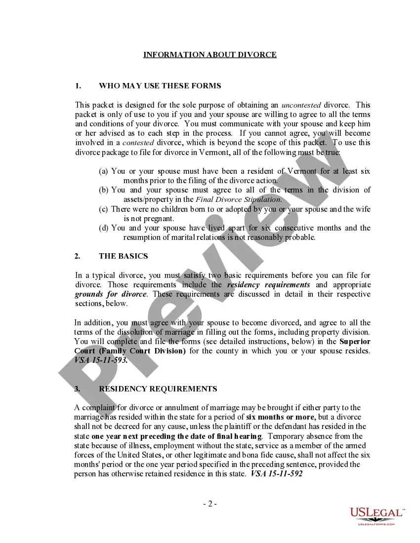 Preview Vermont No-Fault Agreed Uncontested Divorce Package for Dissolution of Marriage for Persons with No Children with or without Property and Debts