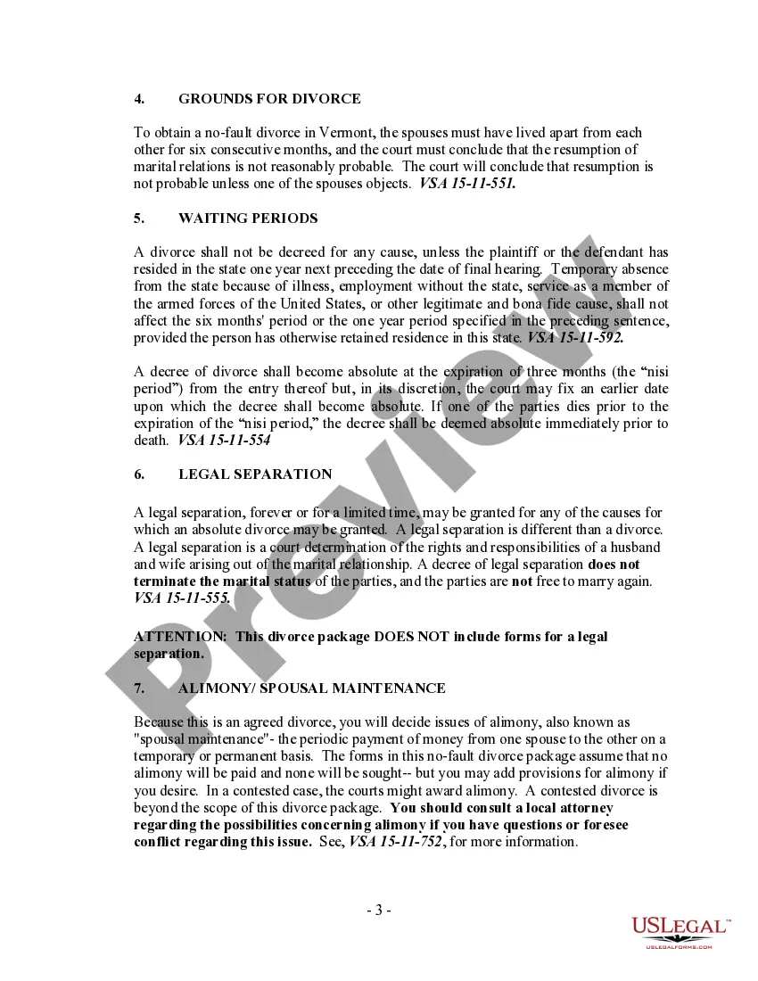 Preview Vermont No-Fault Agreed Uncontested Divorce Package for Dissolution of Marriage for Persons with No Children with or without Property and Debts