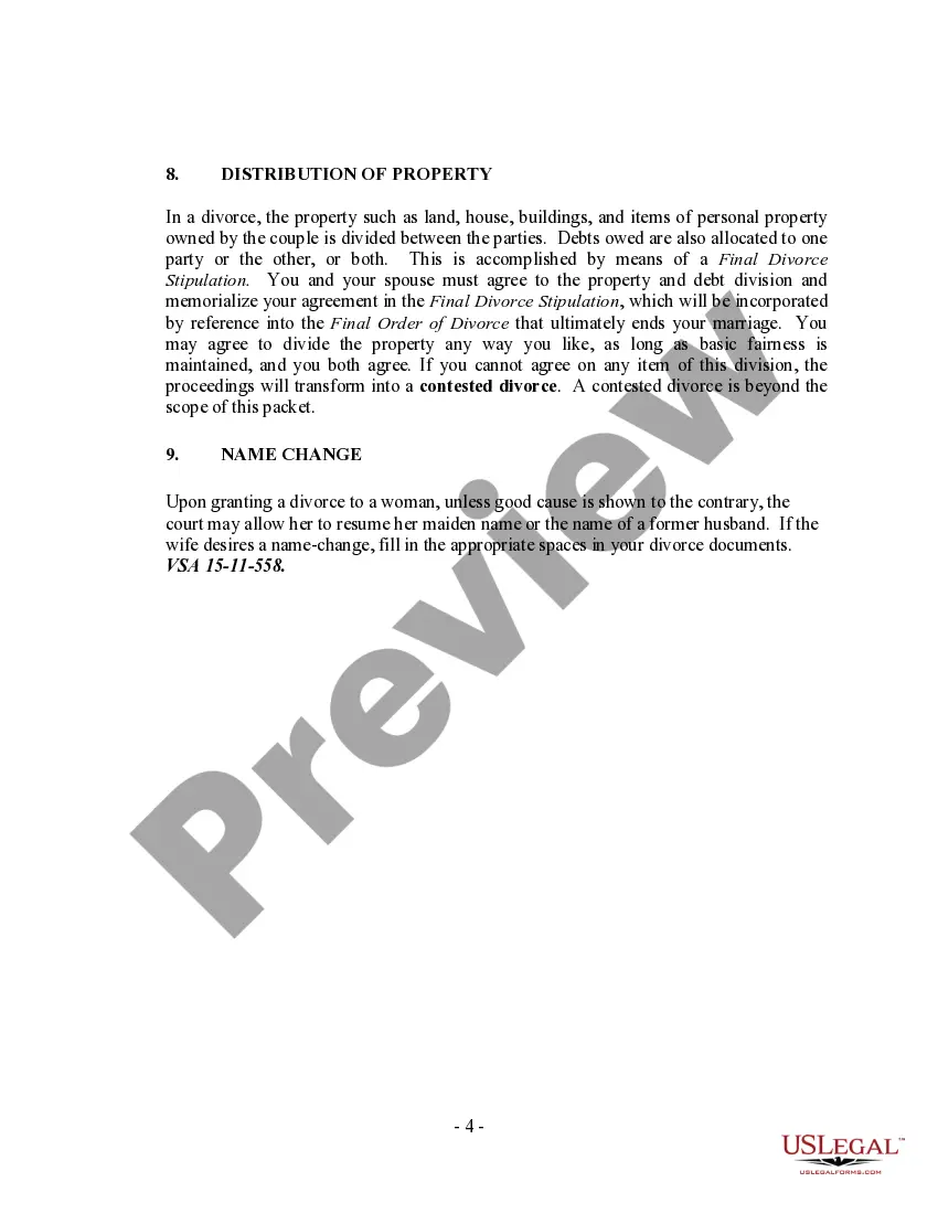 Preview Vermont No-Fault Agreed Uncontested Divorce Package for Dissolution of Marriage for Persons with No Children with or without Property and Debts
